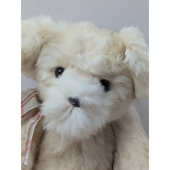 Johnson's Plush real fur cream jointed teddy bear tan pawpads plaid bow READ - Picture 3 of 11